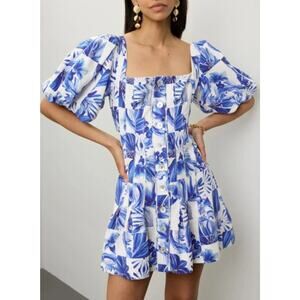 Caroline Constas size 10 Mini Dress Blue & White Floral Short Sleeve Linen Blend
